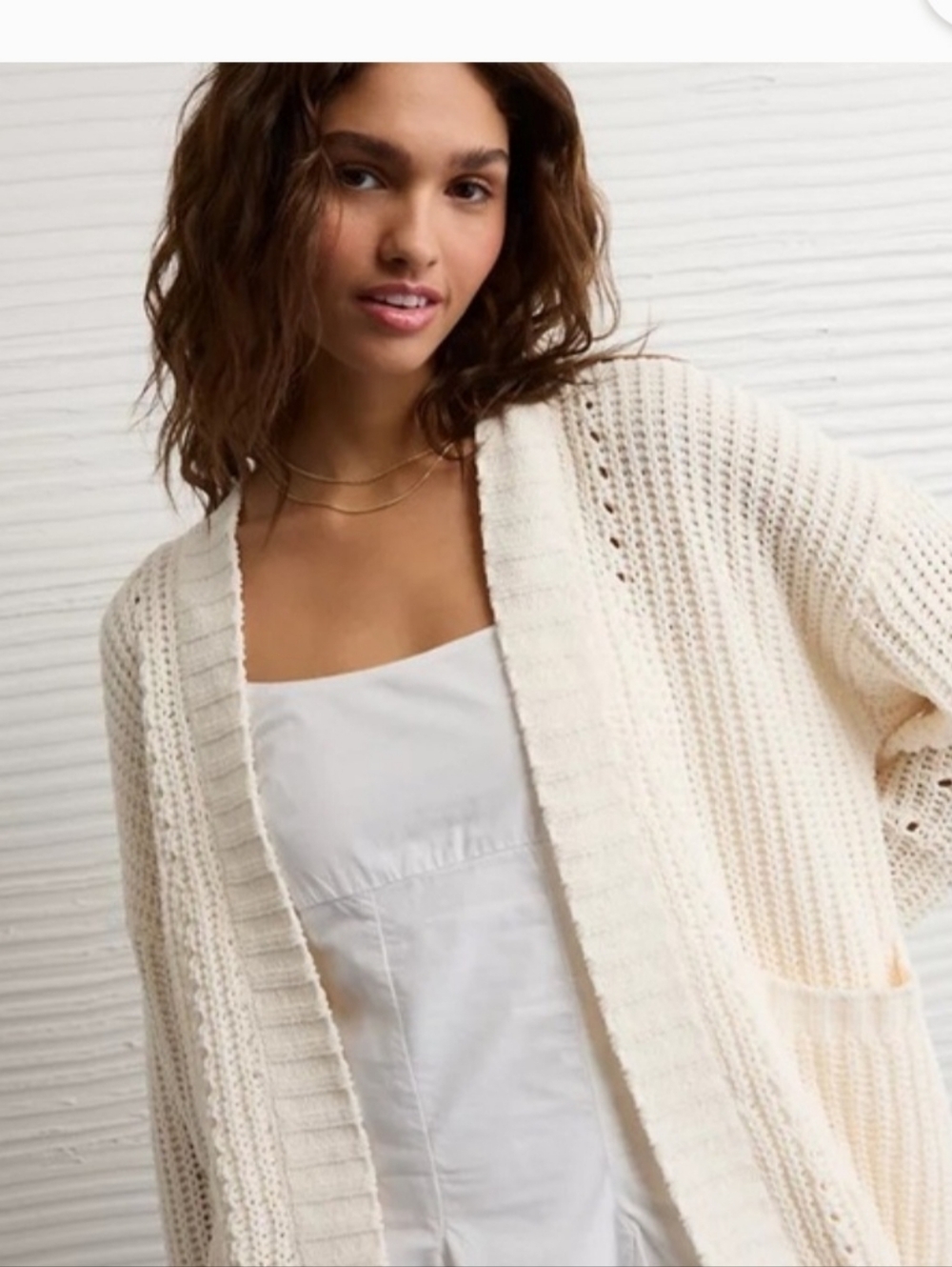 Open-Front Cream Ribbed Knit Cardigan Sweater Sz XS
